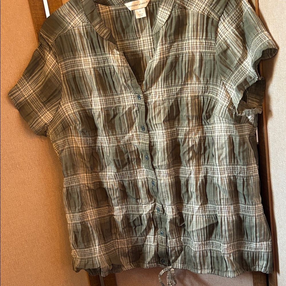 Christopher & Banks Green Plaid Button-Down Shirt with drawstring waist xl